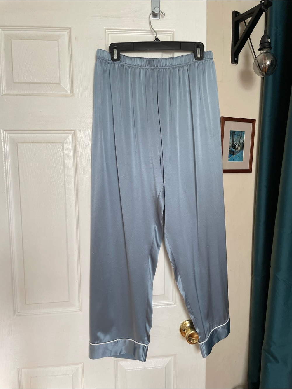 Real silk Pajama Light Slate Gray Blue Satin Elastic Waist Fit L-XL